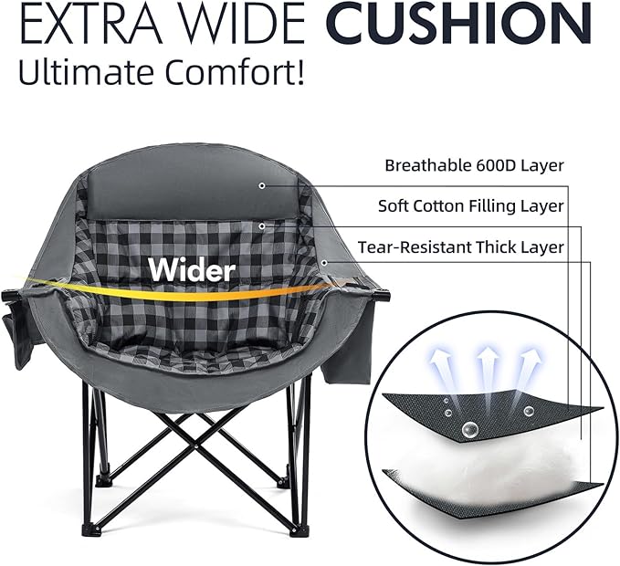 Oversized Camping Chairs for Adults - Heavy Duty Padded Outdoor Folding Lawn XL Camp Chair with Cup Holder Cooler Pockets for Outside Sports Beach Fishing Garden Portable Supports 500lbs, Grey