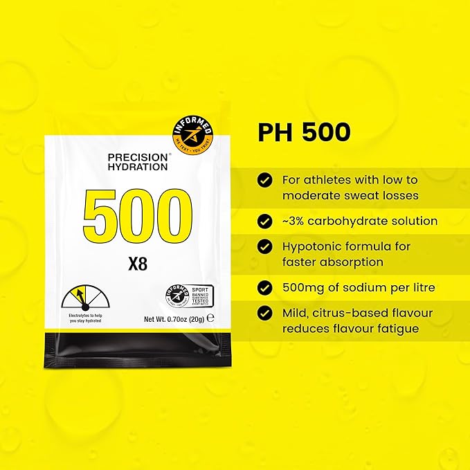 Precision Hydration Electrolyte Powder - No Artificial Ingredients, Multi Strength Hydration Packets - Individual Waterproof Servings - Gluten/Dairy Free, 1 Box (8 Packets, 500mg/L-Yellow)