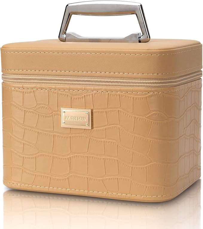 Fashion makeup box, Portable leather hard cosmetic case with mirror, Professional train case make up box for women adults. (Beige)