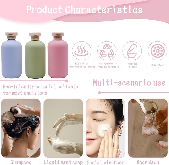 3-Pack Leakproof Travel Bottles - 10 oz Squeeze Shampoo & Lotion Containers with Locking Flip Caps, Food Grade HDPE/PP, for Toiletries, Gym, Camping (Green, Blue, Pink)