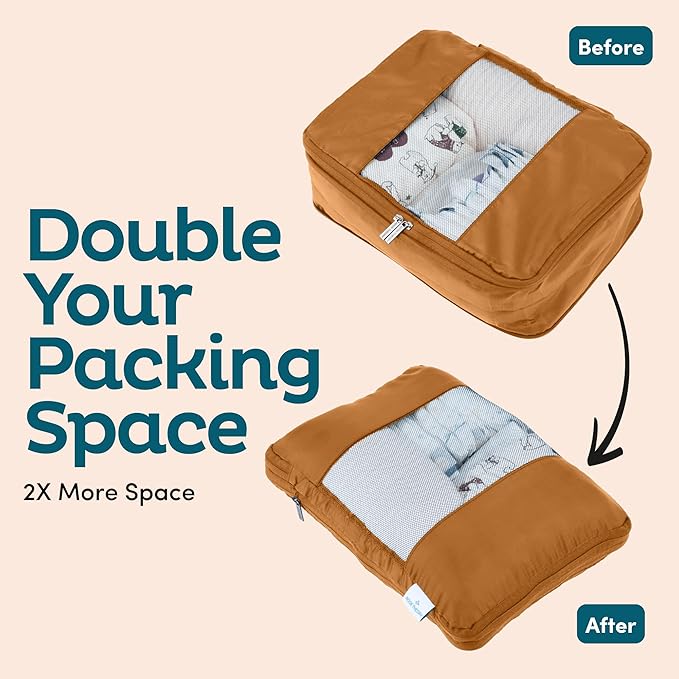 6-Pack Compression Packing Cubes Travel Essentials - Lightweight, Water-Resistant Luggage Organizer Bags with Handles, Durable Travel Accessories Suitcase Organizer (Caramel)