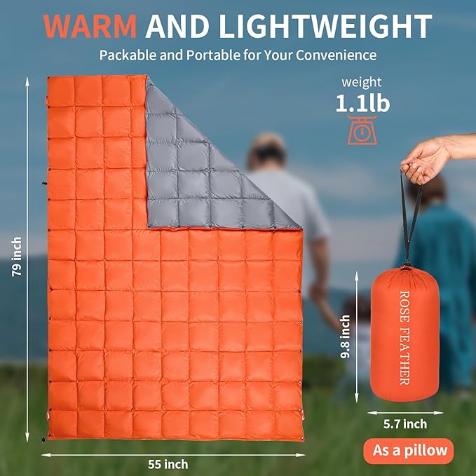 Down Camping Blanket, Muti-Use Outdoor Travel Blanket, Puffy Sleeping Bag Blanket, Waterproof Packable Backpacking Quilt for Camping, Travel, Airplane, Hiking, Picnic, 55''x79''