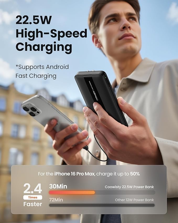 Portable Charger with Foldable AC Wall Plug, Fast Charging 10500mAh 22.5W Power Bank with Built-in Cables, 4 Outputs 3 Inputs LED Display Slim Battery Pack Compatible with iPhone/Android (Black)