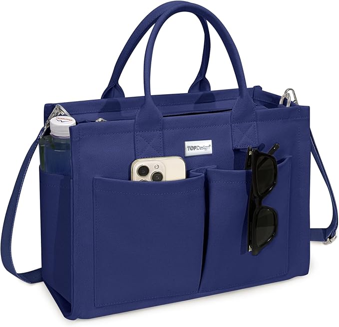 TOPDesign Heavy-Duty Canvas Tote Bag for Women, Adjustable Crossbody/Shoulder Handbag with 9 Pockets, Everything Tote