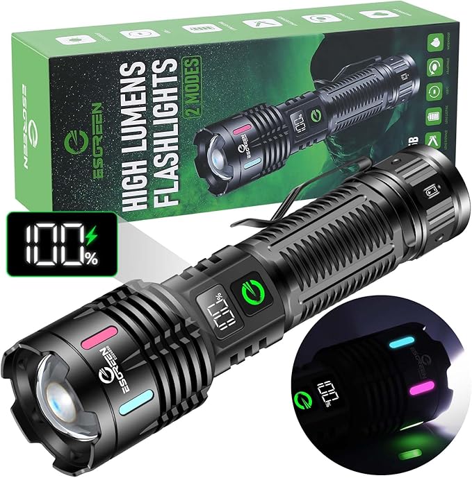 Esgreen Rechargeable Flashlights High Lumens 2000 Single 2 Modes, Super Bright LED Flashlight USB C Long Distance 3280ft, Powerful Long Lasting 10H Heavy Duty Strong Flash Light for Camping Hiking