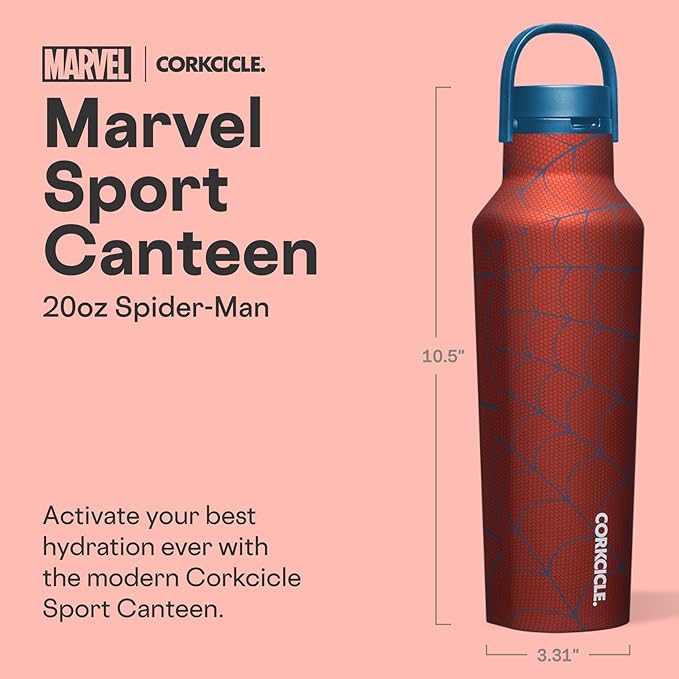 Corkcicle Sport Canteen - Keeps Beverages Cold 25 Hours - Triple Insulated Stainless Steel - Screw-On Lid - Reusable Bottle - Summer Drinkware Gift - Keeps Drinks Ice Cold - 20 oz - Spider-Man