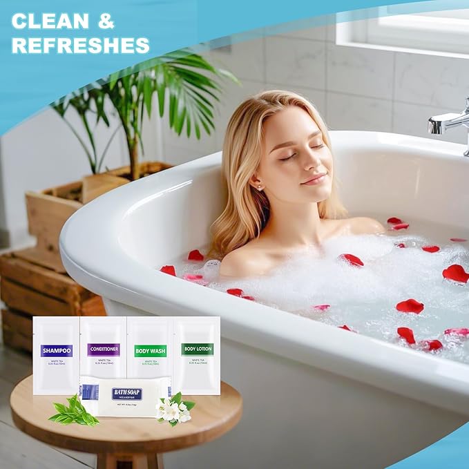5IN1 Toiletries Bulk Travel Size Set(50 Pcs) 5-Piece Set: 10pcs Travel Size Body Wash, 10pcs Hotel Shampoo, 10pcs Mini Conditioner, 10pcs Body Lotion, 10psc Bar Soap, Bulk Mini Guest Amenities Supply