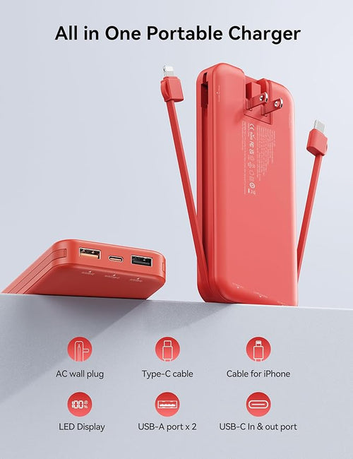 10000mAh Ultra-Portable-Charger-Power-Bank with Built in Cables&AC Wall Plug, PD20W USB-C Fast Charging Cell Phone Charger Battery Pack,LED Display Travel Battery Bank for All iPhone,Samsung,Android