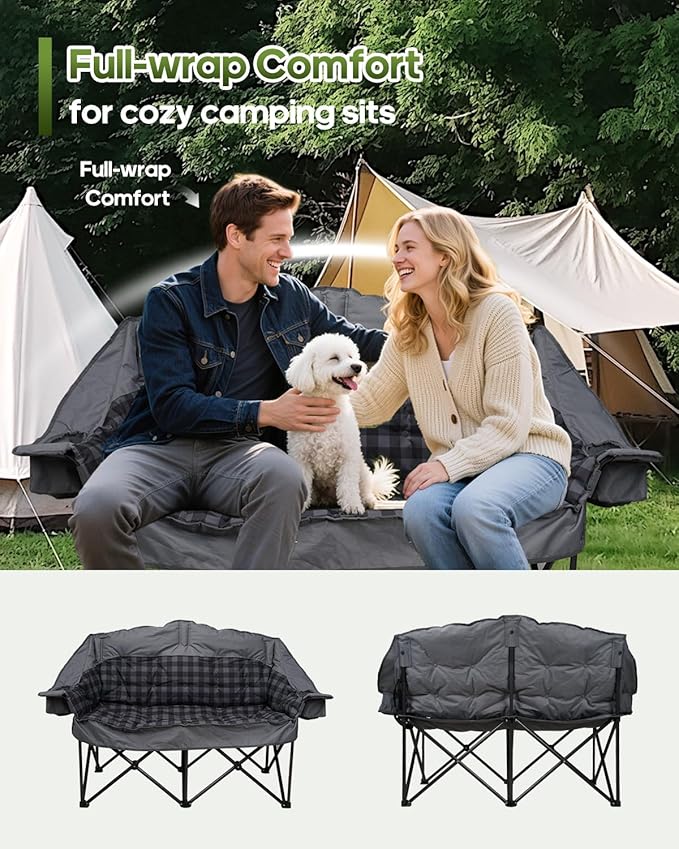 Double Camping Chair, Oversized Loveseat with 2 in 1 Carry Bag, Extra Padded Camp Chairs 2 Person Camping Couch Heavy Duty Sofa Folding Lawn Chair with Cup Holders for Couples Adults Patio Backyard