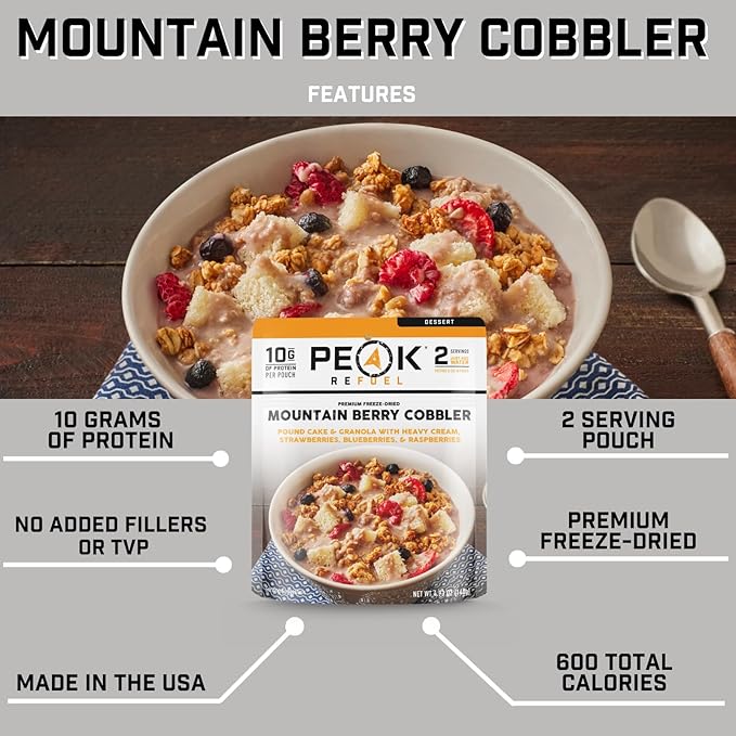 Peak Refuel Cobbler | Protein | Calories | 100% Real Ingredients | Premium Freeze Dried Backpacking & Camping Food | 2 Servings | Ideal MRE Survival Meal or Dessert