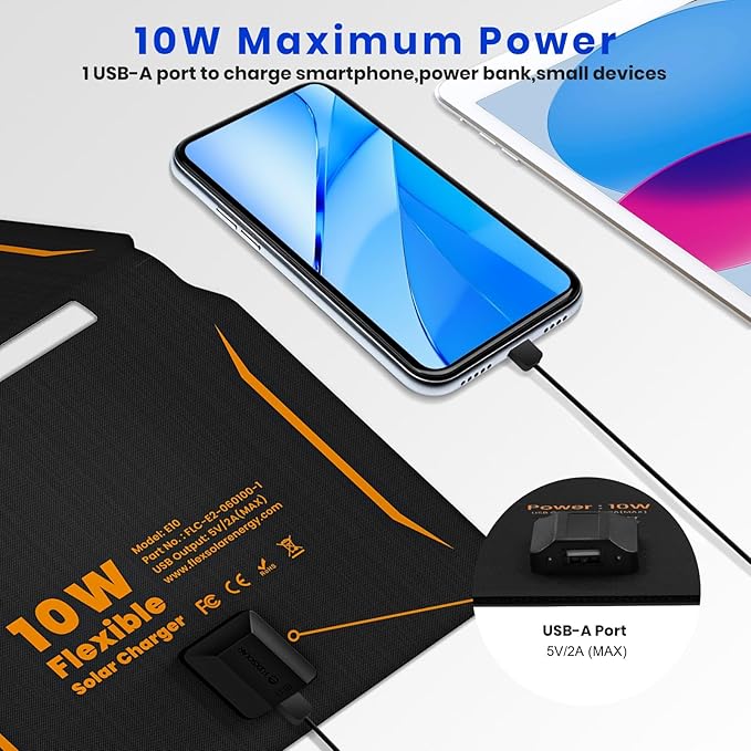 10W Solar Panels Portable (5V 2A Max),Foldable Solar Charger with USB-A Port for Cell Phone,Ipad,Power Bank, Ip67 Waterproof Monocrystalline Silicon Solar Panels for Camping Outdoor Backpacking