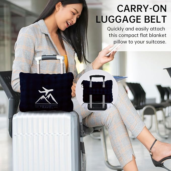 Travel Blanket and Pillow-2-in-1, Ultra-Soft&Compact, One-Piece Airplane Blanket with Hand Luggage Belt and Backpack Clip,Travelers Accessories Gifts, 61x43 Inches（Navy）