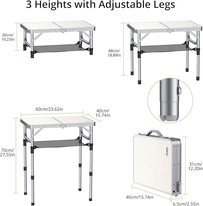 Folding Camping Table, Aluminum 24" x 16" Adjustable Height Small Folding Table with Carrying Handle, Lightweight, Portable Camping Table Waterproof for Outdoor Indoor Picnic Beach BBQ, Silver