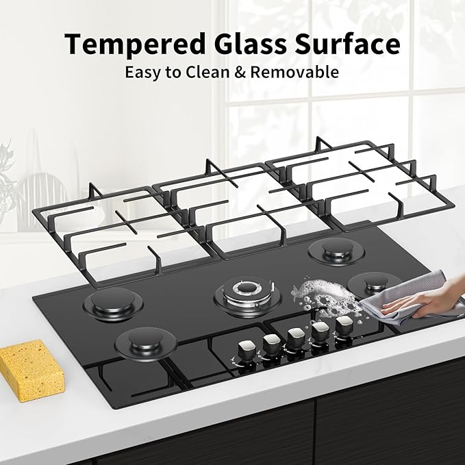 36 Inch Gas Cooktop Propane Stove, 5 Burner Built-in Gas Stove Top with Tempered Glass Panel, NG/LPG Dual Fuel Auto Ignition Propane Cooktop with Thermocouple Protection