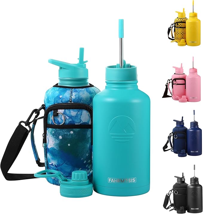 64 Oz Insulated Water Bottle with Strap Stainless Steel Sports Water Bottle with 3 Lids (Straw, Chug and Flip Lid) Leak Proof Metal Half Gallon Jug for Men & Women - Teal