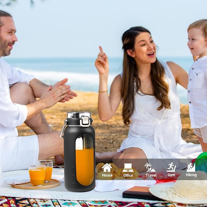 BLUEGO 64oz Water Bottle Glass with Stainless Steel Handle Large Water Bottle with Time Markers and Silicone Sleeve Half Gallon Water Jug BPA Free for Gym Daily Use, Black