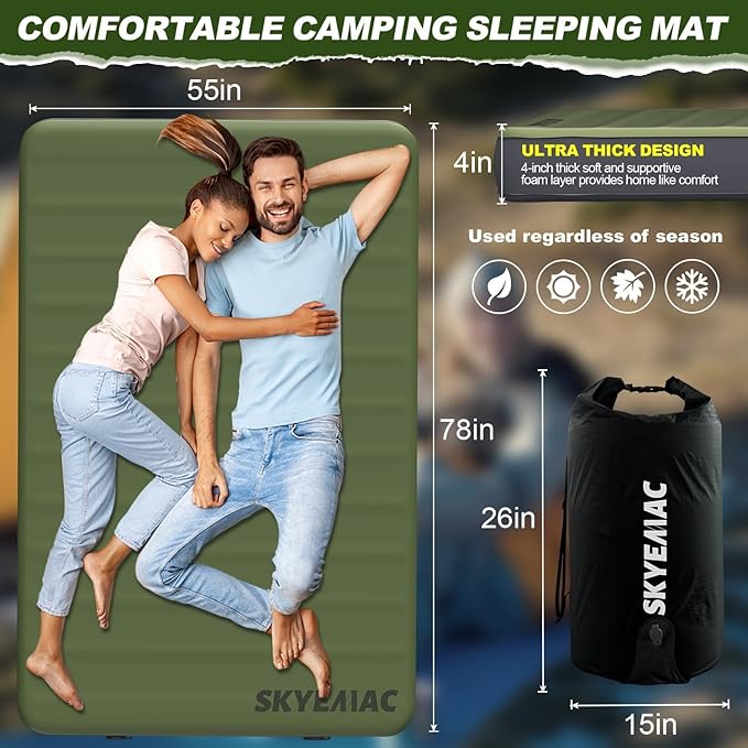 Self-Inflating Memory Foam Sleeping Pad - R-Value 13, Full Size (78"L x 55"W x 4"TH) - Thick Camping Mattress for Couples & Family, Comfortable & Durable, Perfect for Camping and Outdoor Adventures