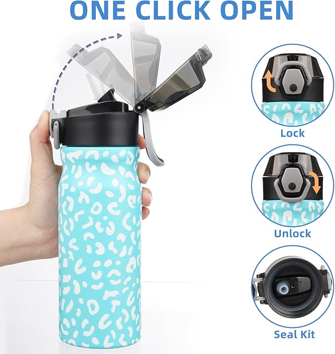 BJPKPK Insulated Water Bottle 18oz Stainless Steel Water Bottles With Straw And Carry Handle Double Wall Metal Thermo,Sky Blue Leopard