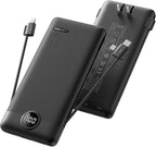Portable Charger with Wall Plug, Slim USB C Power Bank with Built-in Cables, 10000mah LED Display External Battery Pack Compatible with iPhone/Android & More (Black)