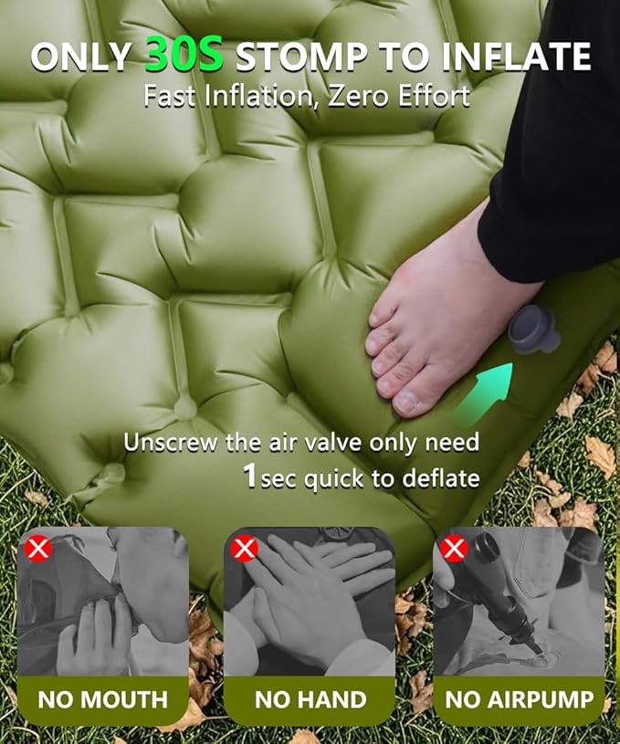 YOUXIU Camping Sleeping Pad, Extra Thickness 3'' Ultralight Inflatable Sleeping Mat with Built-in Foot Pump, Durable Compact Waterproof Camping Air Mattress for Tent,Backpacking,Hiking,Tent (Green)