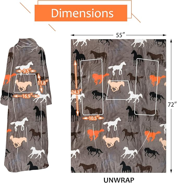 Solaris Wearable Horse Pattern Blanket with Sleeves, Super Soft Warm Snuggy Body TV Throw Blanket for Home Office Lounge, Horse Gift for Adult Women Men