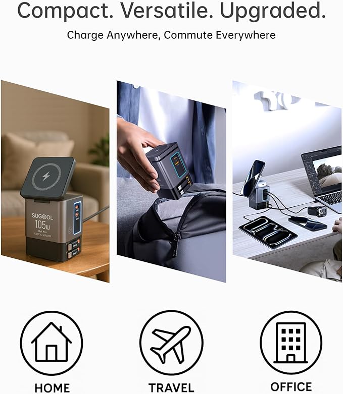 Retractable Charger with Wall Plug, 105W GaN 6-in-1 Charging Station with Magnetic Pad – MagSafe Compatible USB-C/Type-C Fast Charging Charger for iPhone, AirPods, MacBook
