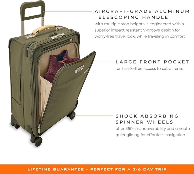 Briggs & Riley Essential 22" Carry On Expandable Spinner - Luggage for Travel, Suitcases with Wheels, Softside Rolling Bag for Men & Women, Self-Repairing Zipper - Baseline Collection, Olive
