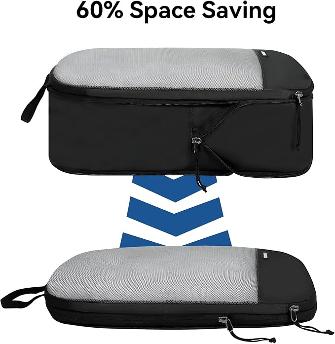 Voova 6 Set Compression Packing Cubes, Travel Accessories Expandable Packing Organizer Bags Set for Carry on Suitcase, Durable Luggage Packing Cubes for Travel Essentials, Black
