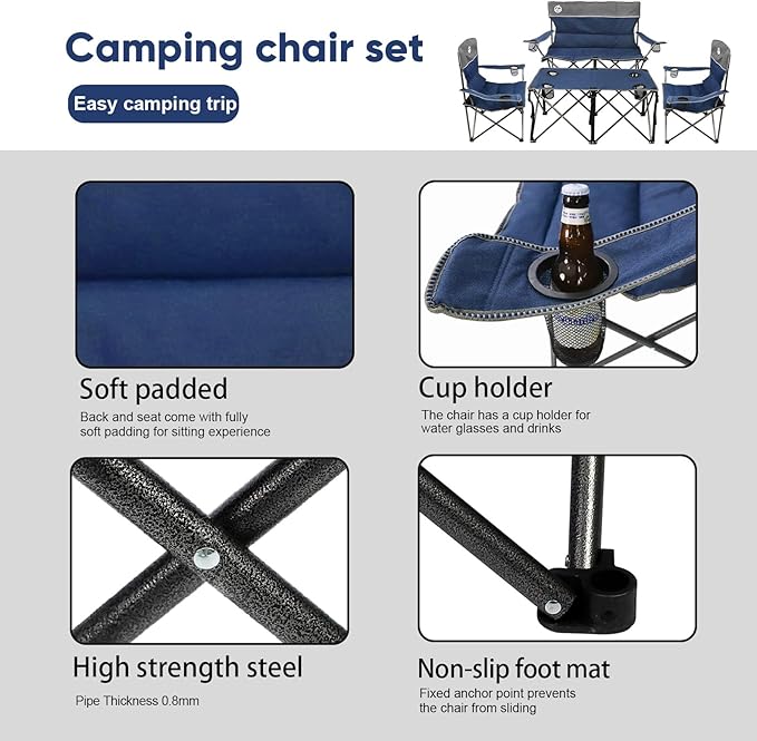 Northroad Folding Camping Chair Set of 4,Portable Collapsible Conversation Set w/1 Sofa,2 Single Chairs and 1 Table for Family Patio,Outdoor Travel,Beach(Blue)