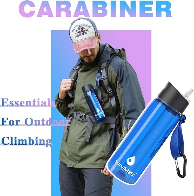 SurviMate Purified Water Bottle for Camping, Hiking, Backpacking and Travel, BPA Free with 5-Stage Intergrated Filter Straw