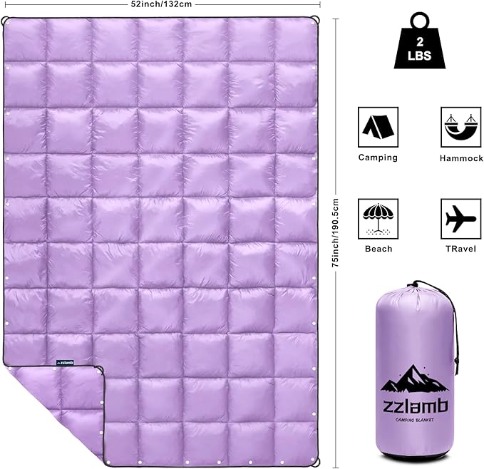 zzlamb Camping Blanket, Outdoor Lightweight Travel Blanket Puffy Portable Down Alternative, Windproof Warm Cloak with Snaps, Cozy Quilt Backpacking Picnic RV Plane Car Hammock Beach Climbing