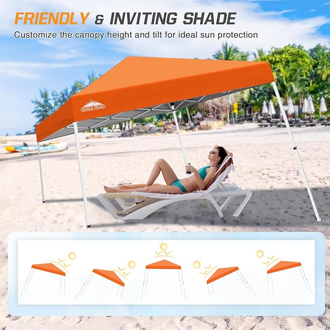 EAGLE PEAK 10x10 Slant Leg Pop-up Canopy Tent Easy One Person Setup Instant Outdoor Beach Canopy Folding Portable Sports Shelter 10x10 Base 8x8 Top (Orange)