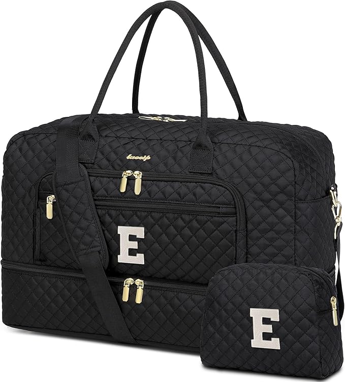 Initial Travel Duffle Bag for Women - Black Personalized Weekender bags Overnight Bag with Shoe Compartment & Wet Pocket Weekend Tote Bags with Toiletry Bag Monogram Christmas Gift (Letter E)