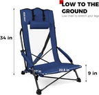 SPORT BEATS Low Beach Chairs Set of 2 Folding Beach Chairs High Back Support with Head Pillows Shoulder Straps