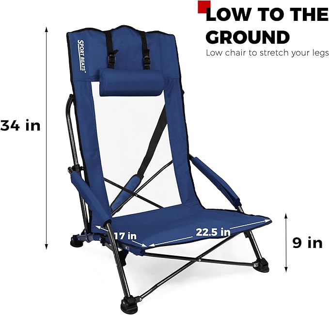 SPORT BEATS Low Beach Chairs Set of 2 Folding Beach Chairs High Back Support with Head Pillows Shoulder Straps