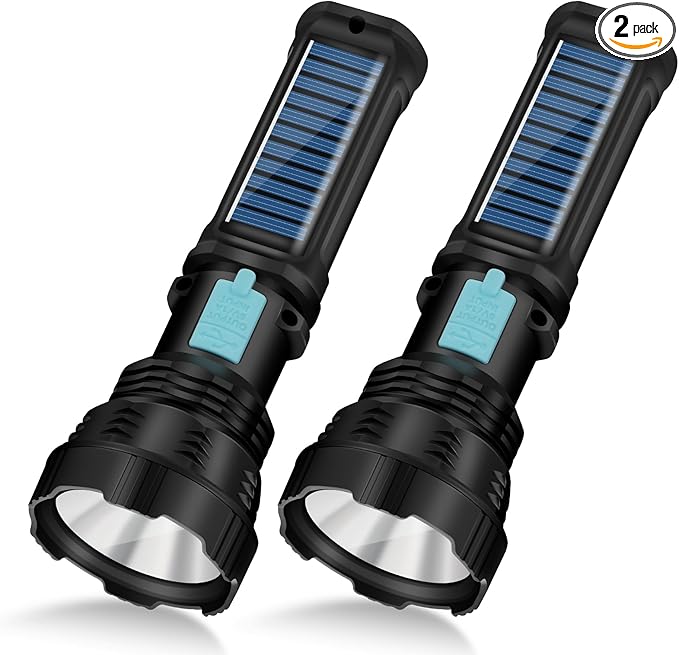 Led Solar Flashlight, 1500 Lumens Led Solar Handheld Rechargeable Flashlights with IP65 Waterproof, 2000mAh Battery for Survival Emergencies Camping (2 Packs)