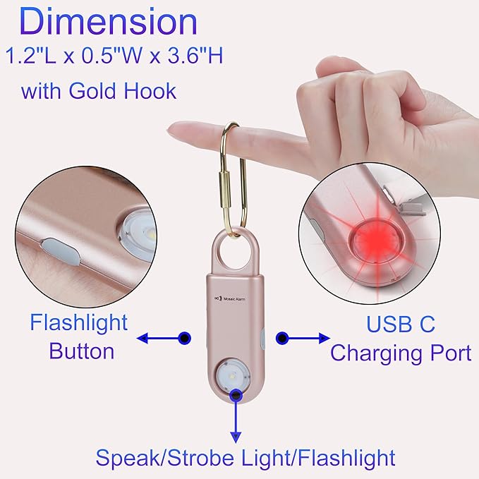 135dB Rechargeable Personal Safety Alarm Strobe Light Flashlight Keychain Siren for Women, Girls, College, School Students Emergency SOS Alerts Loud Sound Hiking Alarm Torchlight Bear Deterrent. Gold