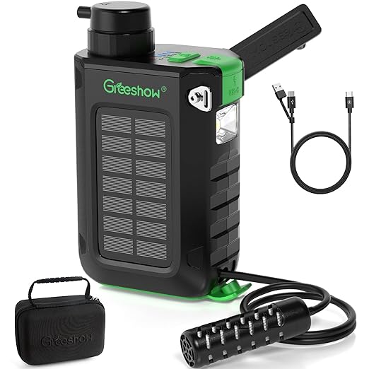 Greeshow Electric Portable Water Filter Camping - Solar Powered, Hand Crank, USB Charging, Water Purifier Survival with Emergency Light for Hiking Backpacking Travel Outdoor, Phone Charger, GS-2811