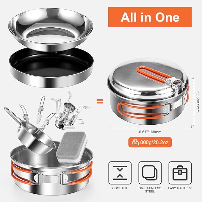 Odoland 10pcs Stainless Steel Camping Cookware Camping Pot and Pan Set with Portable Camping Stove Camping Mess Kit with Plates Bowls Forks Knives Spoons for Hiking Backpacking and Picnic