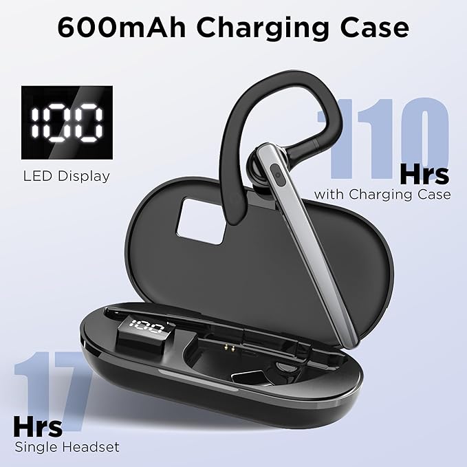 Bluetooth Headset V5.3, Wireless Bluetooth Earpiece with 600mAh Charging Case, 110H Playtime, Hands Free Headset for Cell Phone and Computer with Built-in Microphone for Work Trucker Office