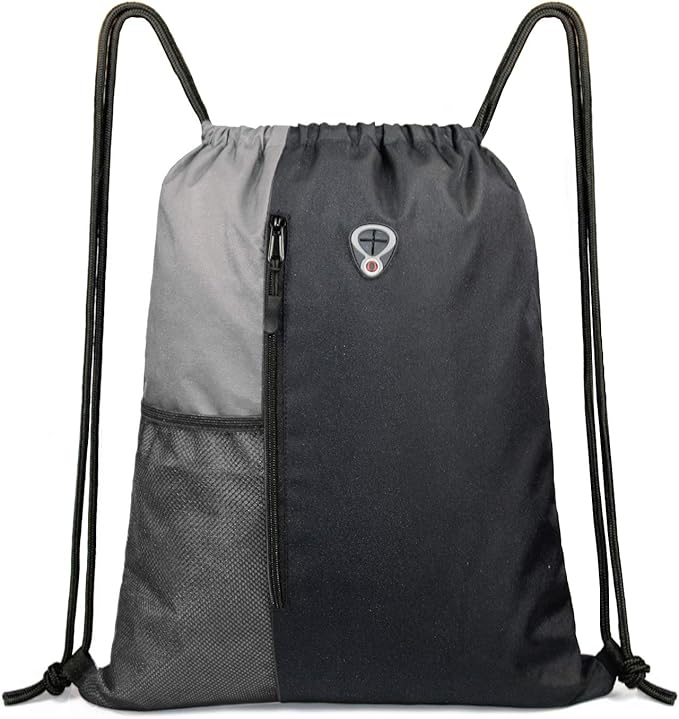 BeeGreem Grey Sport Bag Drawstring Backpack String Bag For Men Women Gym Backpack With Water Bottle Mesh Pockets And Two Zipper Pockets 16" x 20"