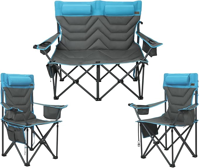 Oversized High-Back Camping Chairs with Pillow, Dual Cup Holders & Cooler Bag - Heavy Duty Foldable Outdoor Chair for Adults4PC (1, BLUEGREY-3PC -Set)