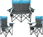 Oversized High-Back Camping Chairs with Pillow, Dual Cup Holders & Cooler Bag - Heavy Duty Foldable Outdoor Chair for Adults4PC (1, BLUEGREY-3PC -Set)