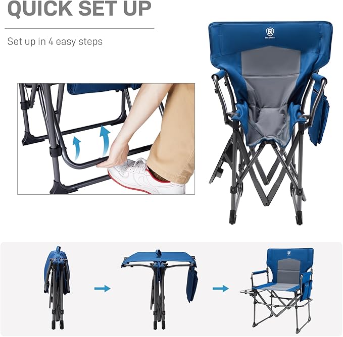 EVER ADVANCED Camping Directors' Chair with Side Table, Portable Folding Chair with Compact Size, Heavy Duty Lawn Chair with Pocket for Camping, Lawn, Sports and Fishing, 400lbs, Blue 2 Pack
