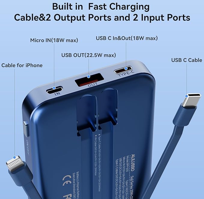 Portable Charger Built-in Cables for iPhone Samsung iPad Android Phone, 10000mAh Power Bank Fast Charging, Smart LED Display Battery Pack 2-Port Output Traveling -Dark Blue