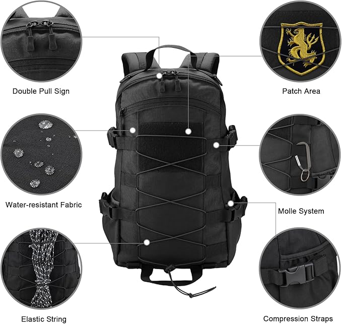 25L Hiking Backpack Small Tactical Backpack Daypack Camping Trekking Hunting Molle Pack for Men Women, Black