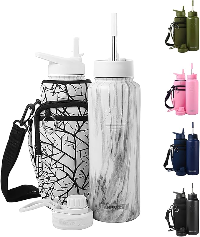 40 Oz Water Bottle with Strap Stainless Steel Sports Water Bottle with 3 Lids (Straw, Chug and Flip Lid) Insulated Leak Proof Metal Jug for Men & Women - White Marble