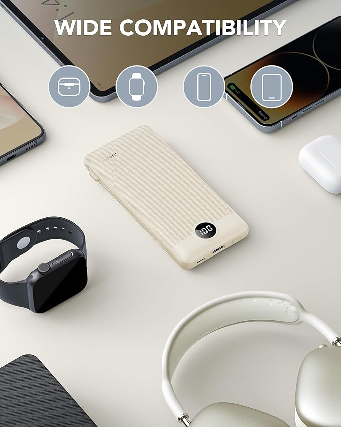 Portable Charger Built-in Cables and AC Wall Plug, USB C Power Bank 10000mAh, Travel Battery Portable Phone Charger Compact Lightweight External Battery Pack for Smart Phones, Tablets etc-Light Coffee