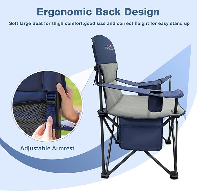 2 Pack Oversized Folding Camping Chair, Heavy Duty Support 500LBS Outdoor Chair with Cup Holder Storage and Cooler Pouch, Collapsible Padded Arm Chair for Sports Garden Beach Fishing, Blue