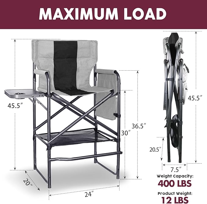 30" Tall Directors Chair with Side Table, 400LBS Bar Height Folding Camping Chair for Makeup Artists, Outdoor Events, Portable Foldable Chair with Cup Holder & footrest - Gray/Black